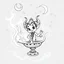 Placeholder: Make black and white cute drawing of a jinn with black bold lines. Only outline, no grayscale. An oriental djinn emerging from an antique lamp, surrounded by swirling smoke filled with stars and crescent moons. The djinn has a mischievous yet kind expression.