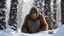 Placeholder: a hiding and grumpy sasquatch concealed by trees, holding a rabbit by the ears, winter, snow, award winning masterpiece, extremely detailed, detailed background, cinematic, sharp focus, fractal, colorful, depth of field, best quality, 16k resolution,, <lora:add-detail-xl:1>