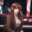 Placeholder: anime style, An Arrogant-Looking Young Woman With Pale Skin, Red Eyes, And Long Brown Hair. In a nightclub. High Definition, Greg Rutkowski, 8k Resolution, Intricate Details