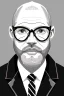 Placeholder: black and white,real estate agent,bald white male with grey beard,55 years old,metal wire frame glasses,, necktie,portly,detailed drawing,white background