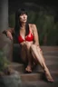 Placeholder: full color Portrait of Lenna Nimoy, with long, straight black hair, the bangs cut straight across the forehead, with a perfect stacked body, with a red leather bikini on - well-lit, UHD, 1080p, professional quality, 35mm photograph by Scott Kendall