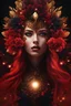 Placeholder: black and red and gold theme, close-up bioluminescent sparkling very different face of a woman surrounded by gold sparkles and black flowers, crimson red painted face, expressive and mysterious, a galaxy in her eyes, eyes pointed upwards, in a mysterious dark landscape, detailed matte painting, fantastical, intricate detail, splash screen, colorful, fantasy concept art, 8k resolution, Unreal Engine 5, centered, high contrast sharp focus, black and red theme, glossed and polished