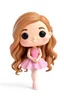 Placeholder: Funko figure of a very young female, smiling, long very wavy light brown hair, wearing a ballerina dress, pink dress, ballet, very cute, ballet pose,. typography, 3D render. White background
