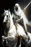 Placeholder: An Arab warrior holding two swords, sitting on horseback, wearing a white robe, strong, mysterious, frightening, fantasy, high quality