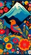 Placeholder: A Birds and Flowers, Kids can have fun the different patterns and designs on the body. Design with a bird standing in a grassy meadow with mountains. in the background." with bright and happy colors. and whimsical decorations. in vibrant hues