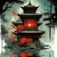 Placeholder: Dramatic nighttime haunted Japanese pagoda on the banks of a red lake bathed in fog, astral ghosts menacing the sky, haunted undetailed gaunt figures on the porch, by Victo Ngai, by Stephen Grammell, by Russ Mills, professional watercolor with dripping paint diffusion, dark colors, sinister haunted house horror art, surreal, expansive.