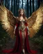 Placeholder: Photography full body A Length image of very beautiful Super model Russian Woman,long hair red as an Beautiful Archangel with wings made from metal craft,dressing luxurious gown golden and black color armor filigree combination fully crystals diamonds stone,in magical night forest full of lamps Background