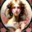 Placeholder: woman, beautiful, cute, long pink hair with bangs, brown eyes, by Alphonse Mucha