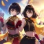 Placeholder: Clear focus,High resolution, Black short fluffy hair, and yellow eyes, wearing a black short skirt, sleeveless crop top, wearing long dark red gloves, yellow cloak, Holding hand out