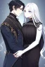 Placeholder: A beautiful young woman with long white hair and blue eyes, pale skin with opal freckles. Wearing a black dress. A man with long black hair in a Victorian suit. Couple.