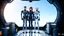 Placeholder: Photorealistic picture of a man in a flight suit with two tall, slender female androids in biosuits, one with red hair and one with white hair, standing on the bridge of a spaceship.