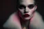 Placeholder: Minimalistic portrait of a beautiful woman with red lips and cold big eyes wearing earrings, a light pink fur coat in a haute couture style isolated on a dark background, cinematic lighting, ultra-realistic, shot in the style of hasselblad x2d + pishington e skinner + peter coulson, minimalism --ar 5164