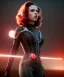 Placeholder: retro sci-fi portrait image from 1960, supermarket parking explosion, fire, classic black widow, young Scarlett Johansson, tight lycra suit, soft color, highly detailed, unreal engine 5, ray tracing, RTX, lumen lighting, ultra detail, volumetric lighting, 3d, finely drawn, high definition, high resolution.