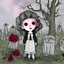 Placeholder: Creepy doll standing in a graveyard with dead roses around on a dark cloudy night animated style