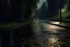 Placeholder: It's night outside. A close-up of rain hitting the pavement but still visible in the background, is a dark forest