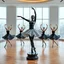 Placeholder: photo of a statue of ballerina made of black marbel in a modern ballroom with some exersising ballerinas