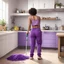 Placeholder: the unexpected sweeper, in her kitchen, with purple pants and tiny crop top, she is seen from her back, she casually mops the floor
