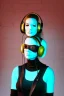 Placeholder: Post-apocalypse. Cinnamon. Technological singularity. Fake smile, camera-eyes, cables, selfies, 3D-tiles background, lighted shelf full of heads, cyber-punk full-mask. Lay figure woman with plastic milky, plank skin, no head. Haute Couture 90's. Light from right. Silver, black, Cyan. Big AKG headphones. Golden rings and discs. Thick tights, Thick calves, Curved fell, Wide hip. Two torsos are growing from the long tippet of earlier torso. chaotic. fractals.