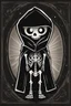 Placeholder: vinyl art toy skeleton in a black hooded cloak drawn in a retro mascot style, inside a light diamond shape on a black background, monochromatic