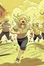 Placeholder: a fat terrified blonde woman running away from an angry mob