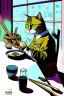 Placeholder: Cat, sitting at a table, eating sushi,perfect iris, ink and pencil, style Tintin