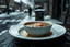 Placeholder: an old white plate of steaming soup on table in outside, hig realistic, high contrast, sharp focus, gloomy mood, winter, blur background, street, perfect shot, perfect composition