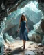 Placeholder: make a picture pretty cave made of crystal diamond 3d fractal recursive cubic and sphere base structures and a beautiful fashion model lady with cute,with dark cyan decholte top and pretty pleated midi skirt,siver she walks in cave ,dynamic camera zoom to full body and fallow her inside cave dynamic lights.