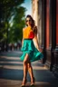 Placeholder: full body shot Young woman, 20 years old, wearing nice fashion dress walk in an urban setting, soft sunlight accentuating the vibrant hues of her attire, high contrast, shallow depth of field, candid photo, natural light, ultra realistic