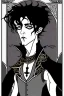 Placeholder: goth male necromancer with black hair playing atheramin in the style of Aubrey Beardsley