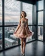 Placeholder: full-body closeup shot of a young, beautiful girl with a perfect face and makeup,wearing pretty dance dress standing in a stage of a luxury disco stage with perfect lights