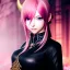 Placeholder: Detailed girl, woman, pink hair, pink colored eyes, yorha 2b hairstyle, au'ra (final fantasy), scaled horns coming out the side of the head, intricate details, full body portrait, keep head in frame, slight smile, black Japanese motif, concept art, highly detailed, digital painting, concept art, A very cute girl full body,wearing a short skirt, au'ra scales