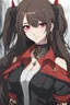 Placeholder: A young woman with pale skin and long brown hair in a modern setting with intricate details. She is wearing casual black and red clothes. She is smirking, has intense red eyes, intimidating presence, high definition. anime style.