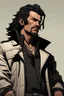 Placeholder: cyberpunk 2077 white male cult leader. Shoulder length black hair, charming, intelligent. Wears a black trench coat, black jeans and boots, and a black t-shirt. Looks a lot like Vincent Volaju from cowboy bebop.