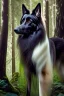 Placeholder: In the heart of a dense and enigmatic forest with towering ancient trees cloaked in emerald foliage stood a bewitching sorceress possessing an ethereal allure her lustrous hair cascading in ebony waves down to her slender waist that turns into roots In the background a faithful companion a majestic canine of Belgian shepherd lineage roamed at her side its eyes illuminated by an otherworldly crimson glow exuding an aura both mysterious and demonic