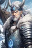 Placeholder: in anime style,1older man, a older man with blue eyes and black hair man in silver Viking armor with fur around the neck with blue crystal on his chest holding an axe in his hands standing on a pirate ship in the artic, warrior in anime style,