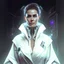 Placeholder: portrait of a cyborg woman cyberpunk doctor wearing white robe