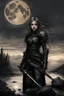 Placeholder: A formidable warrior girl in black armor, against the background of an amazing gloomy landscape, flooded with the light of two moons, mountains, trees, a fabulous scary landscape, juicy emotions, painting, dark fantasy, gloomy day, dark world, portrait, Gothic Town At Night, Fantasy, Intricate Details, Castle Courtyard Gardens, Hyper Detailed, Jean Baptiste Monge, Carne Griffiths, Michael Garmash, Seb Mckinnon, Masterpiece