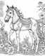 Placeholder: outline art for halloween coloring pages with horse and flowers, white background, Sketch style, full body, only use outline, clean line art, white background, no shadows and clear and well outlined, coloring page for kids, zombie