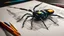 Placeholder: 7428. Robot insect drawing a picture, holding six gel-pens in its six hands, drawing a beautiful landscape using four pens, one pen in each hand. The picture is almost finished. Artistic, beautiful lighting, attractive composition, photorealistic, extremely detailed, chiaroscuro, rule of thirds