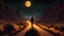 Placeholder: A decaying, gaunt, shuffling zombie walks down a long, straight road in a desert canyon at night under a large, amber moon, cel-shaded, hyperrealistic, ultra-detailed digital illustration, deep, dark colors, color sketches, horror art, moody, atmospheric, liminal spaces, illuminated.