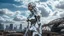 Placeholder: three-quarter view of a woman in a silver robotic catsuit standing in a futuristic derelict city with mushrooms with tentacles floating in the sky