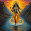 Placeholder: An oil painting of goddess Kali crossing a lake, neon gold colors