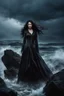 Placeholder: A somber woman, dressed in gothic attire, in deep, dark colors standing alone on a massive, jagged rock jutting out into the ocean. stormy sky , her long black hair whips around her face, streaked with raindrops as they tumble from the heavens. Despite the cold and dampness of the air, she remains stoically still, as if the rock were her only anchor in this tempestuous world. dramatic, epic mood,, intricate detail, creepy stunning