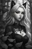 Placeholder: CAT GIRL, goth, forest, nature, cartoon, leaves, black and white hair, boobs, portrait