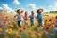 Placeholder: children run and laugh in the summer meadow, surrounding colors flowers, meadow, Happy and harmony vibe, blu sky and the little wind. high detailed, sharp focuses, photorealistic, cinematic