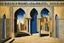 Placeholder: an open gothic_arab gate in a blue-tiled wall with a view of an old city by artist "de Chirico",by artist "Leonora Carrington"