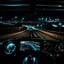 Placeholder: night time, a car dashboard lighting up, a dark road in the windscreen, with a beautiful city in the distance