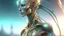 Placeholder: gorgeous female humanoid alien, slender muscular warrior, looking over shoulder at the sky, tentacles, coper zinc orichalcum jewelry and piercings, beautiful face, mesmerizing starry eyes, smooth translucent skin, hourglass, size DD.