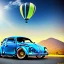 Placeholder: blimp vw-beetle hybrid, retrofuturistic, phototrealism, in flight, one subject,