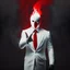 Placeholder: a man with fire in the palm of his hand wearing a white suit with a red tie who has no face